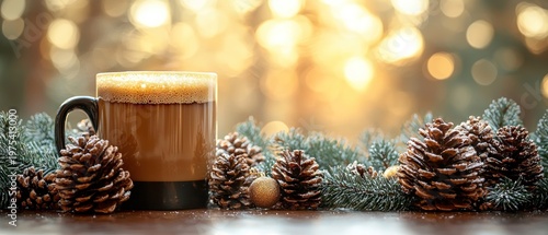 Cozy Winter Morning: Frothy Hot Beverage, Snowy Pinecones, Evergreen Branches, Golden Bokeh Lights
