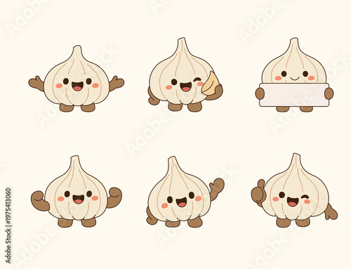 Cute garlic Character Set with Various Poses and Emotions, Flat Vector Illustration