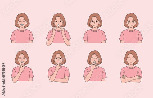Female Facial Expression Set, Various Emotions Character Flat Vector Illustration