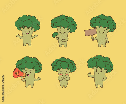 Cute broccoli Character Set with Various Poses and Emotions, Flat Vector Illustration