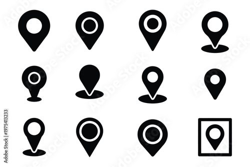 Location icon collection, solid style icons of location markers, classic location pin, filled map marker, pinpoint icon, drop pin, navigation and mapping symbols