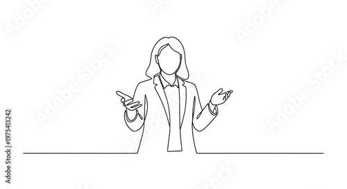 Businesswoman gesturing, explaining, presenting, continuous line drawing, minimalist style