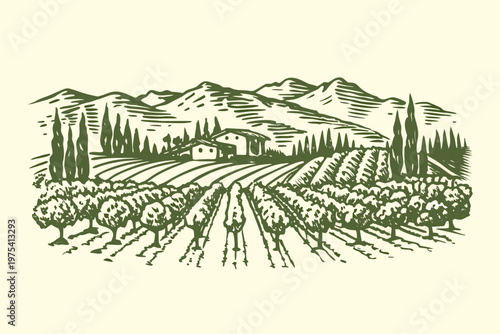 A serene landscape depicting a vineyard with a house and distant mountains
