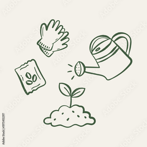 Hand drawn watering can, seeds and sprout in naive doodle style. Minimal outline gardening composition for eco lifestyle design, packaging and branding.