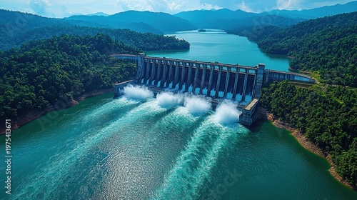 Majestic Hydroelectric Dam Releases Powerful Water Cascades Amidst Lush Green Mountains and Turquoise Reservoir