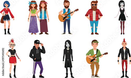 Diverse collection of cartoon characters representing various youth subcultures including punk, goth, hippie, hipster, and indie musicians isolated on a clean white background.