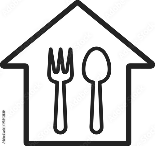 Home cooking line icon, restaurant house symbol, kitchen dining vector illustration, food delivery sign, fork and spoon logo, homemade meal concept, culinary art