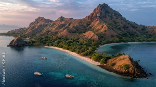 Golden Hour Serenity: Majestic Tropical Island with Turquoise Waters, Rugged Hills, and Traditional Boats