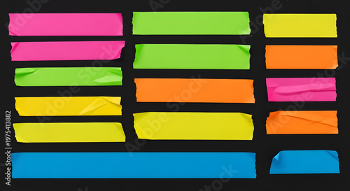Set of neon colorful masking tape strips isolated on black background