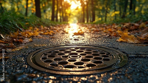 Golden Hour Drainage: Autumn Leaves and Sunlight on Wet Asphalt Road