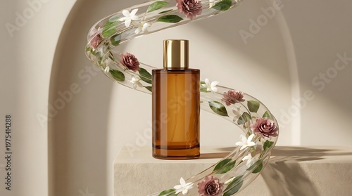 Luxury perfume bottle displayed within an elegant arch frame and floral decoration, creating a premium and stylish fragrance presentation.