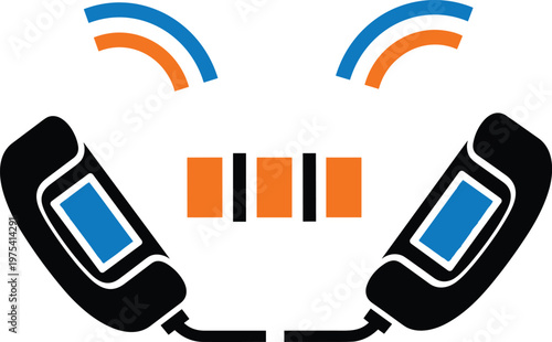 Pair of black wireless headphones with blue screens and orange signal waves.