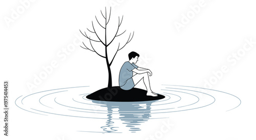 Lone figure on a small island with a bare tree and lamp post, minimalist surreal landscape, solitude and isolation concept