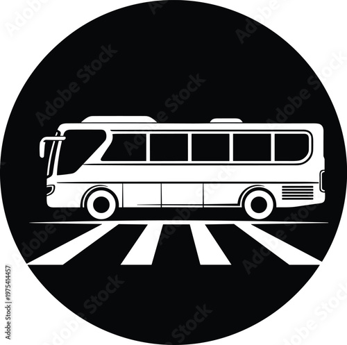 Passenger bus silhouette driving on zebra crossing stripes inside solid black circle graphic icon.