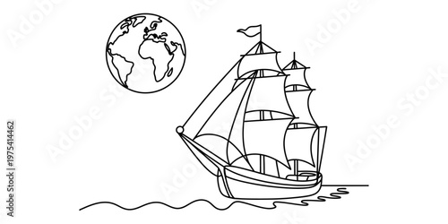 A simple black and white line drawing of a tall ship sailing across the ocean near the globe Vector, illustration
