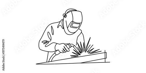 A black and white line art illustration of a professional welder working on a metal component Vector, illustration