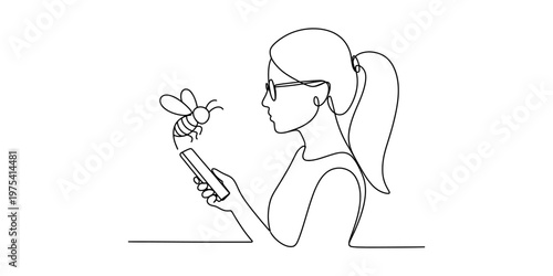 A single continuous line drawing of a young woman looking at a bee hovering over her smartphone. Vector, illustration