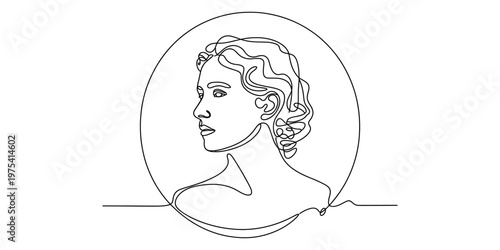 Minimalist continuous line art drawing of a woman profile portrait inside a perfect circle frame Vector, illustration