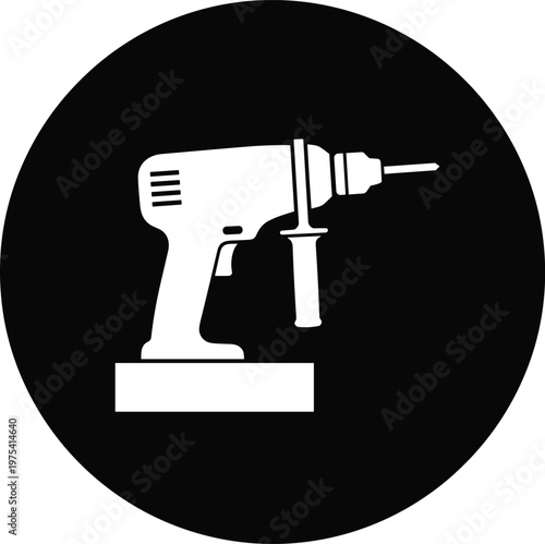 Power drill machine icon inside black circle representing construction tool and industrial equipment.