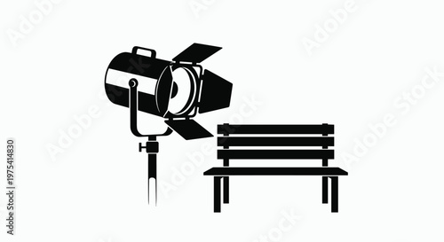 Production studio spotlight and wooden bench illustration for stage theater and cinema set background.