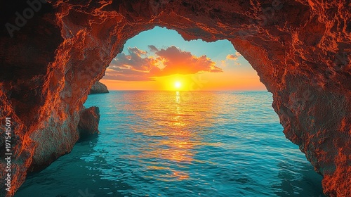 Dramatic Sunset Through Cave Entrance Over Turquoise Ocean Waters