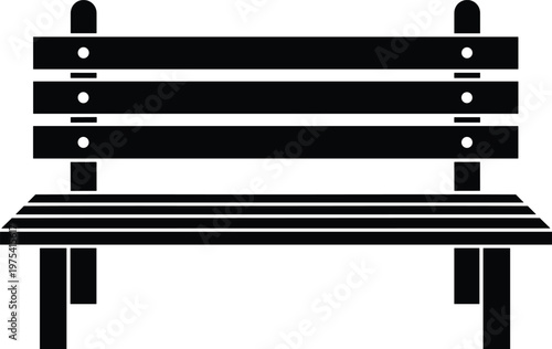 Simple black silhouette of park bench with four horizontal slats on grey grid background.
