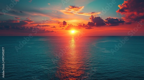 Fiery Sunset Over Tranquil Ocean: Vivid Colors and Reflective Waterscape