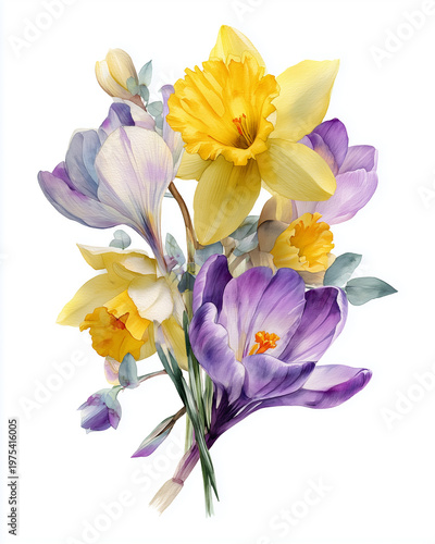 Watercolor Spring Flower Bouquet with Daffodils and Crocus, Elegant Floral Composition