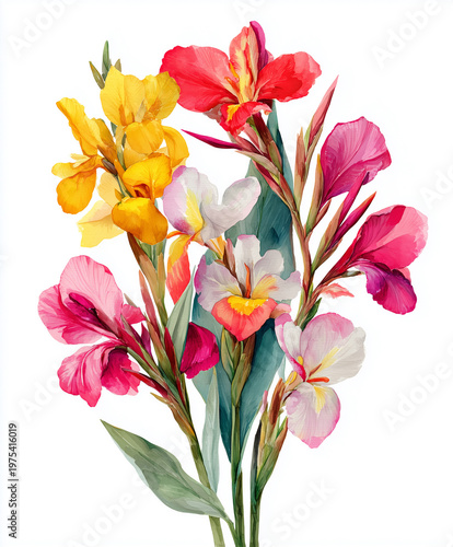 Vibrant Watercolor Canna Lily Flowers, Tropical Floral Bouquet with Bold Colors