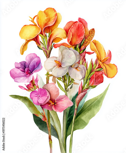 Watercolor Canna Lily Bouquet with Vibrant Orange and Pink Flowers, Tropical Floral Illustration