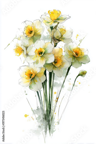Artistic Watercolor Daffodil Flowers with Splash Effect, Expressive Floral Composition
