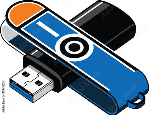 Usb flash drive icon in blue and orange color with metal connector isolated on transparent background.