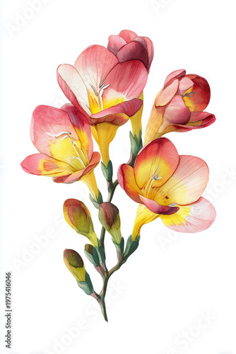 Watercolor Freesia Flowers Isolated on White Background, Elegant Botanical Illustration