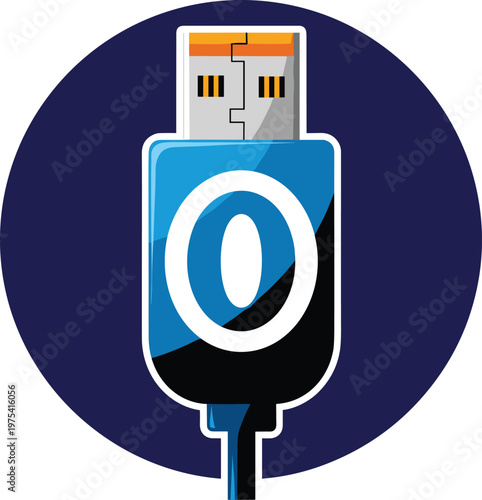 Usb cable connector icon with number zero and blue color scheme inside dark circle for data transfer.