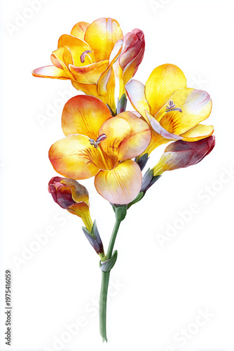 Watercolor Freesia Bouquet with Warm Yellow and Orange Tones, Elegant Floral Art