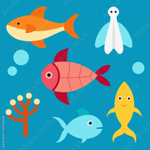 Colorful cartoon fish, sea creatures, ocean animals, aquatic icons, vector set