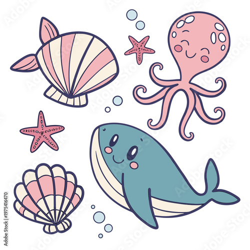 Cute sea creatures, ocean animals, cartoon vector set, pink blue illustrations