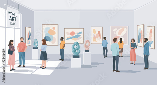 People admiring abstract paintings and sculptures in a well-lit art gallery on World Art Day.