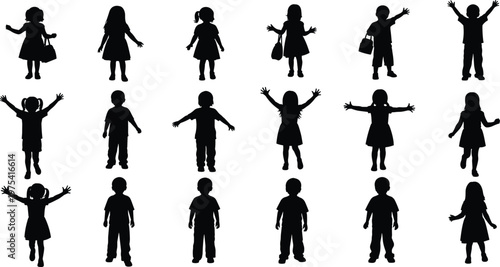 Children silhouette set with different poses, standing, waving and playful gestures, kids activity collection isolated on white background illustration