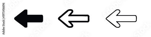 Left arrow icon set. Back, direction, and navigation symbols. Vector illustrations.