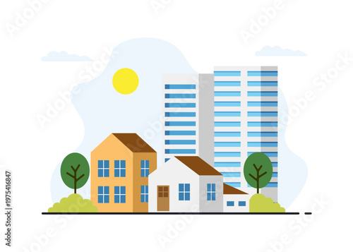 Modern Urban Landscape with Houses and Office Skyscrapers Stock Illustration.