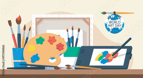 Artistic tools and digital tablet set up for World Art Day celebration.