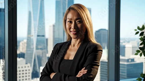 Businesswoman standing in front of window.