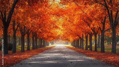 Autumnal Road: Tunnel of Fiery Orange Leaves and Sunlight