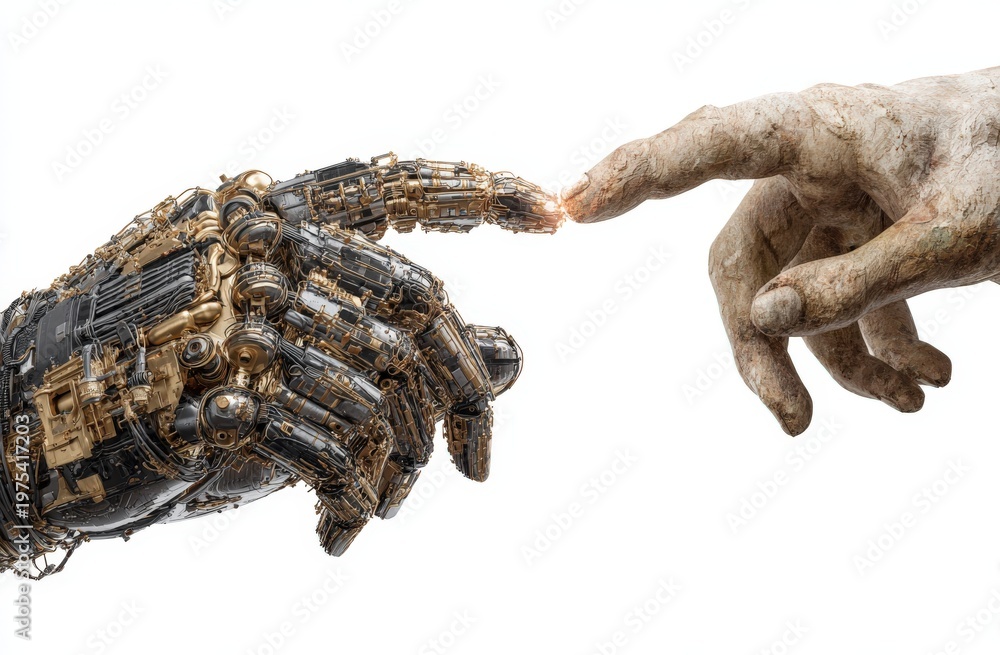 Obraz premium Robotic hand with metallic components reaching towards a human hand, both fingers almost touching, symbolizing the intersection of technology and humanity in a creative visual representation