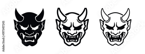 Bild auf Leinwand Traditional Japanese hannya demon mask icons in silhouette, bold outline, and th