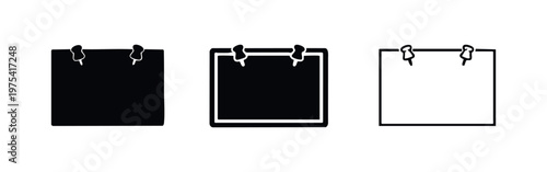 Bulletin board message frame icons in silhouette, bold outline, and thin line art styles with pins