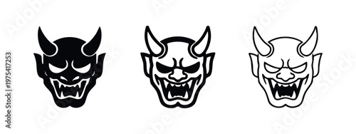 Japanese oni devil mask vector icons in silhouette, bold outline, and minimal line art styles