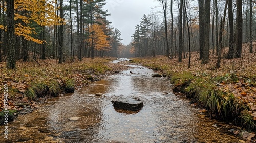 Autumnal Stream Through Forest: Golden Leaves, Reflections, Serene Landscape