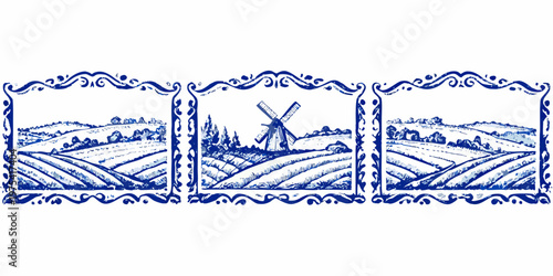 Delicate blue and white illustrations of windmills and rolling farmlands